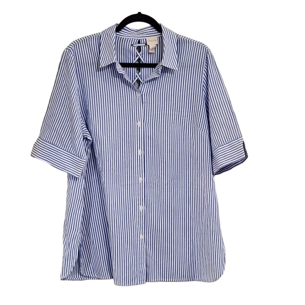 Chico's Top blue & white striped short sleeve button up  Sz 14 Coastal